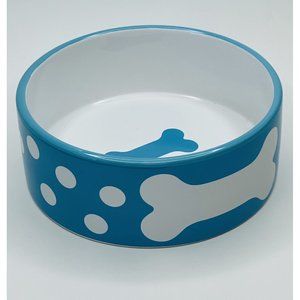 HappyPet Pet Platter Ceramic Dog Bowl Light Blue Polka Dots Dog Bone Center NEW